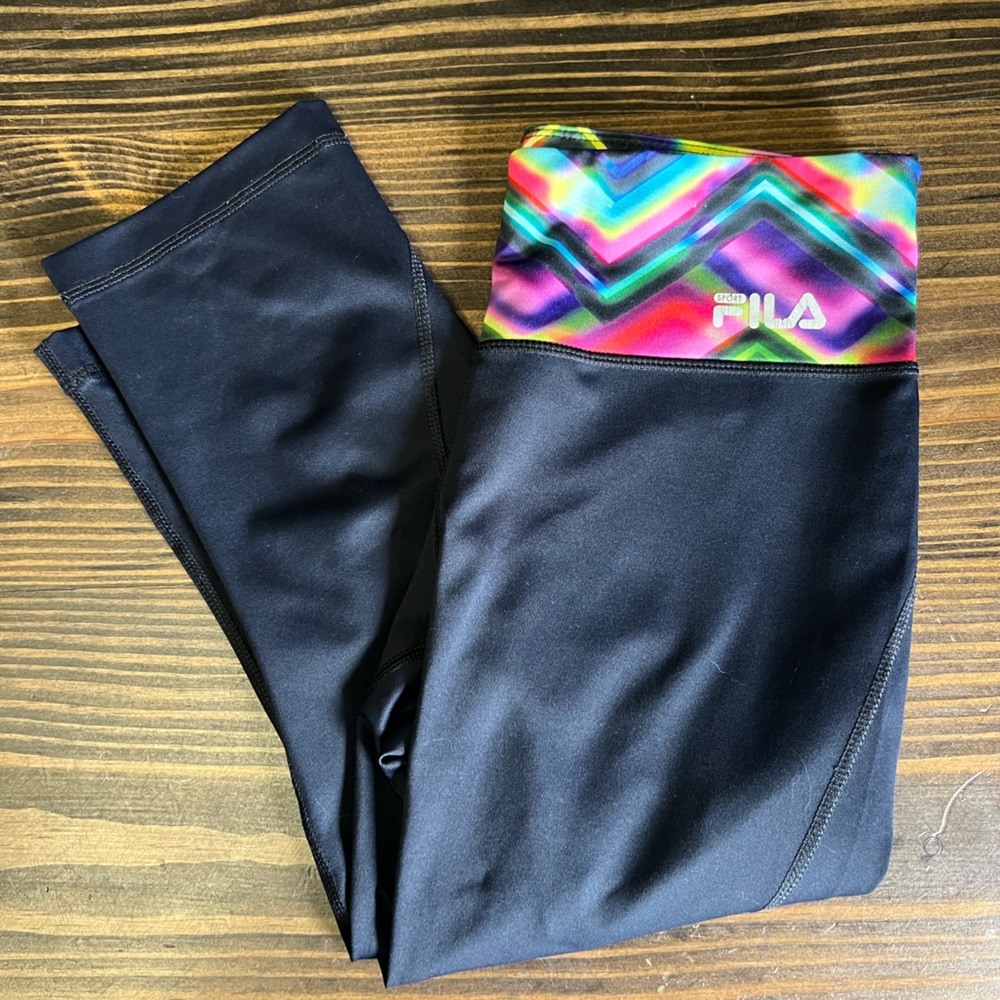 Fila Woman’s Black Leggings with Vibrant Multicolor Waistband